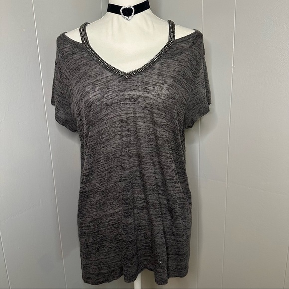 Juicy Couture Rhinestone Trim Burnout Tee – Off Shoulder Glam Top - Picture 1 of 7
